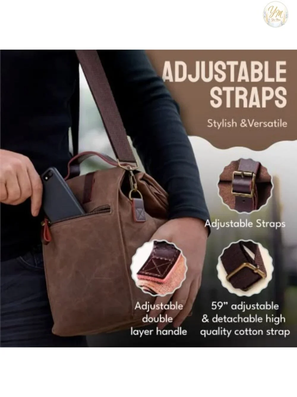 Waxed Canvas Insulated Lunch Bag 10L with Leather Details & Adjustable Shoulder